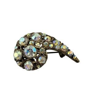 Vintage 1950s Abstract Aurora Borealis Rhinestone Gold Tone 1x1.5” Brooch
